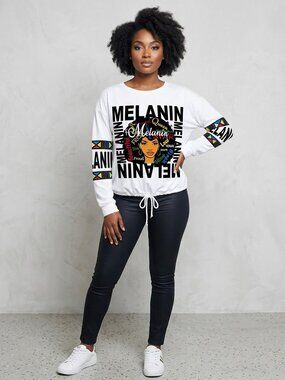Melanin Graphic Long Sleeve Shirt XL Afro Queen Drawstring Top